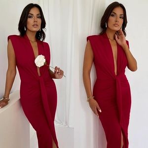 ☆Burgundy Red Deep V-Neck Pleated Womens Bandage Dress☆